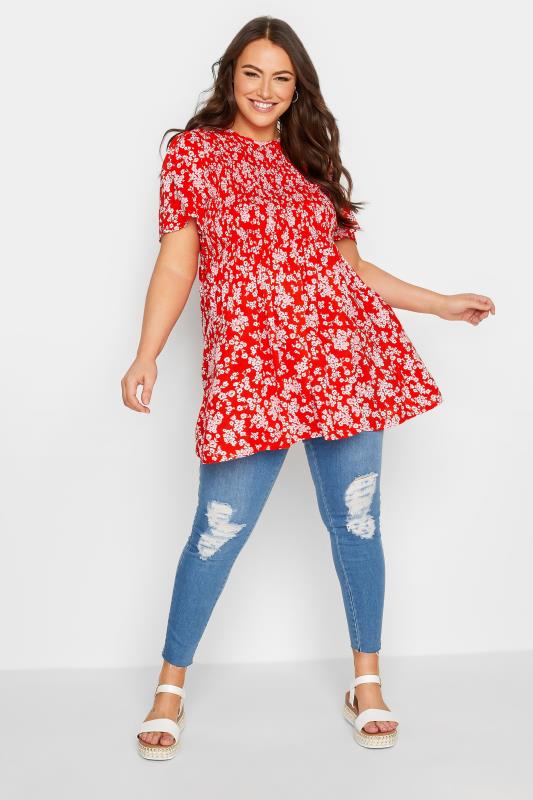 Plus Size Red Ditsy Floral Shirred Top | Yours Clothing 2