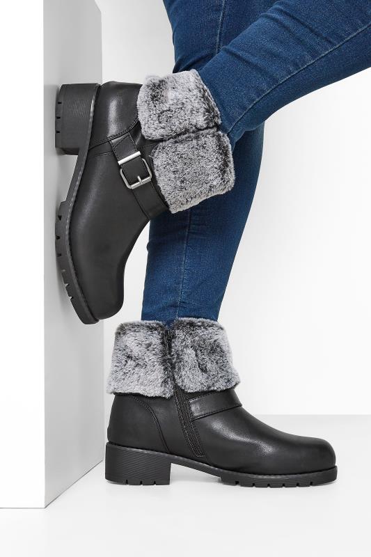 Black Faux Fur Cuff Ankle Boots In Extra Wide Fit_M.jpg