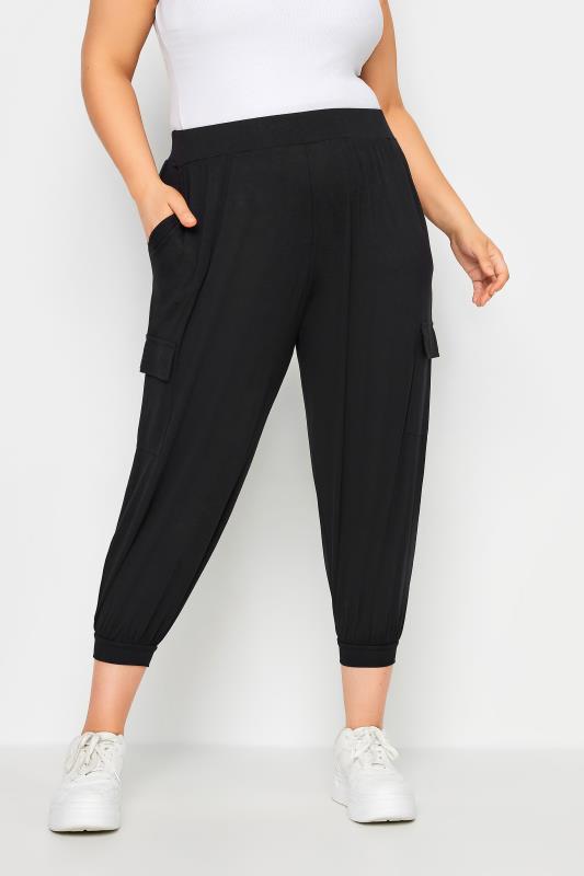 YOURS Plus Size Black Cropped Cargo Harem Trousers | Yours Clothing 1