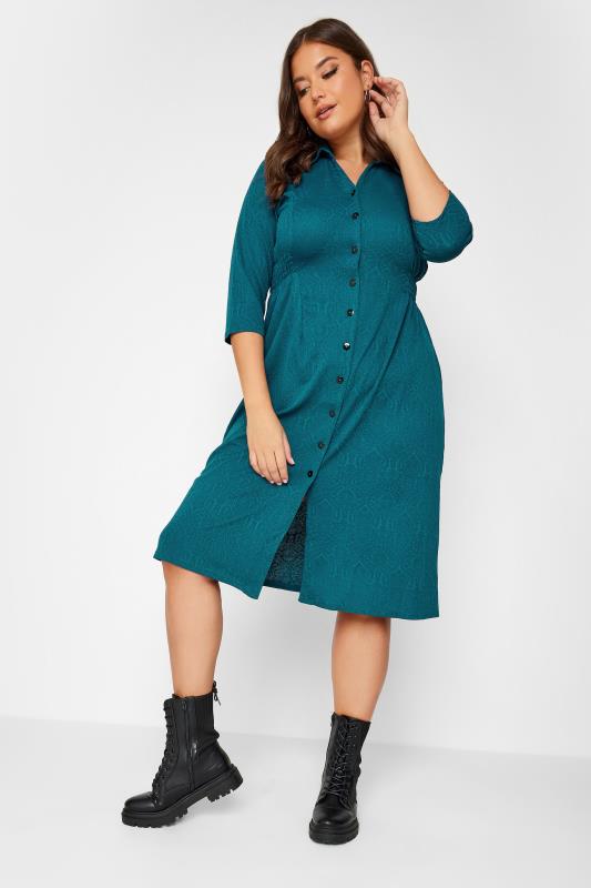 Plus Size Teal Blue Textured Collared Dress | Yours Clothing 1