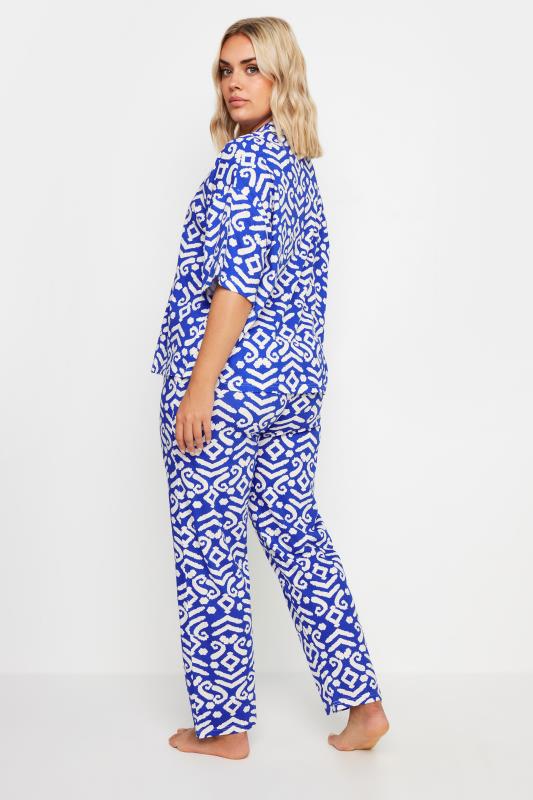 YOURS Plus Size Blue Ikat Print Button Through Pyjama Set | Your Clothing 4