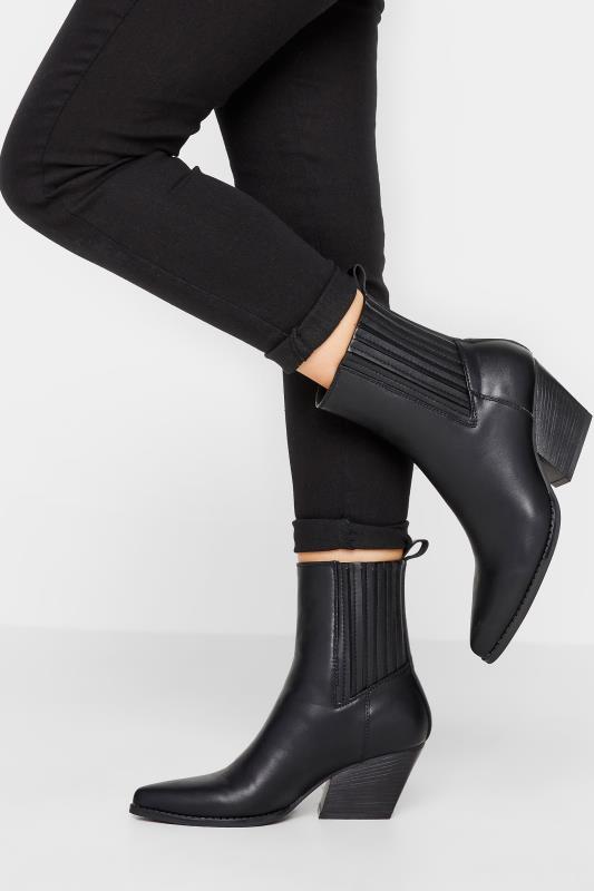 PixieGirl Tan Black Faux Leather Ankle Cowboy Boots In Standard D Fit | PixieGirl 1