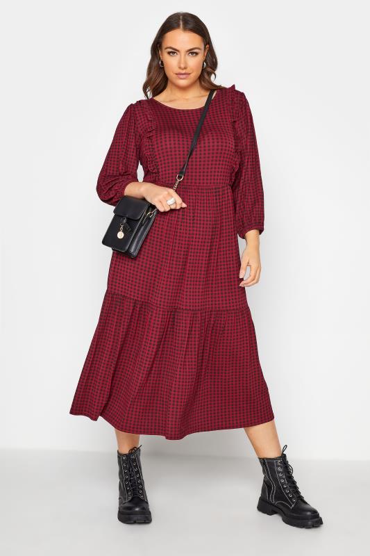 Curve Wine Red Check Tiered Midaxi Dress_B.jpg