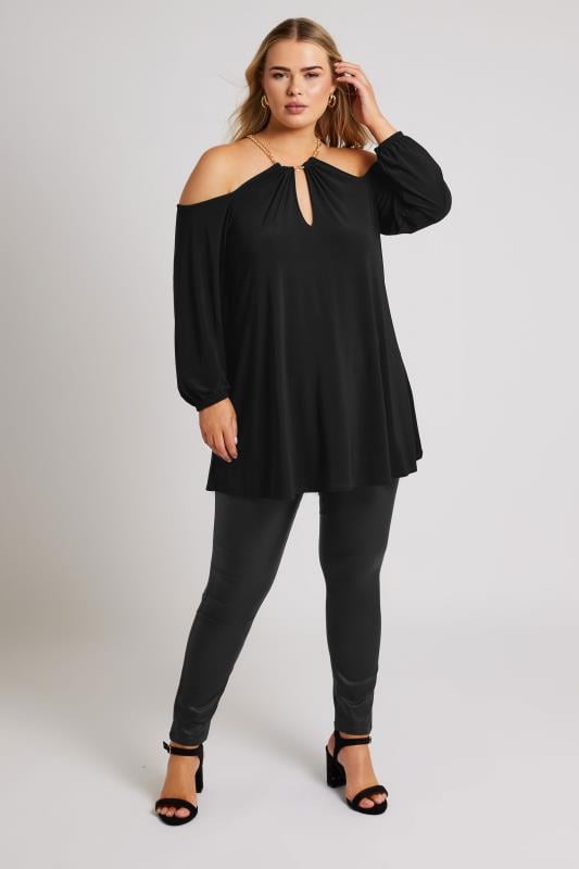 YOURS LONDON Plus Size Black Chain Detail Cold Shoulder Top | Yours Clothing  2