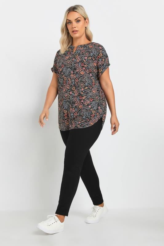 YOURS Plus Size Grey Floral Print Notch Neck Top | Yours Clothing  2