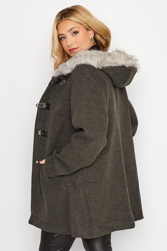 Plus Size  Curve Grey Twill Faux Fur Trim Duffle Coat