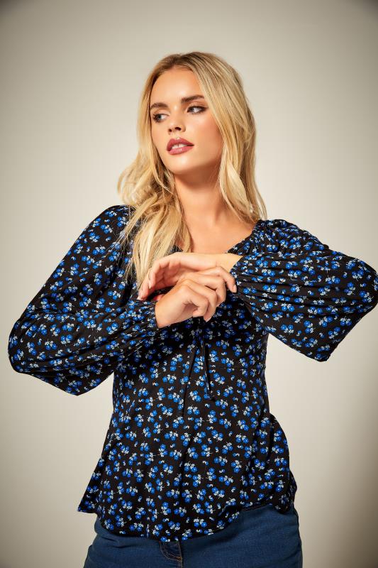 Petite Black & Blue Ditsy Print Ruched Top 6