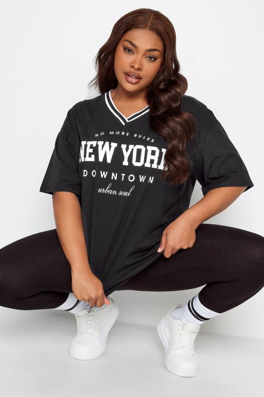  Tallas Grandes YOURS Curve Black 'New York' Slogan V-Neck T-Shirt