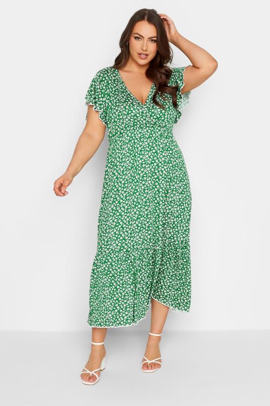 Plus Size  YOURS Curve Green Ditsy Print Frill Sleeve Wrap Maxi Dress
