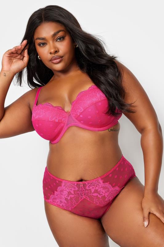 YOURS Plus Size Hot Pink Dot Print Lace High Waisted Full Briefs | Yours Clothing 2