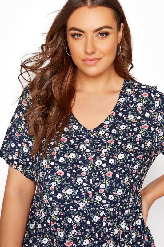 Navy Floral Button Through Peplum Dress | Yours Clothing