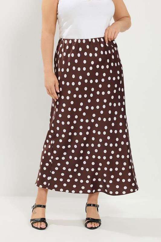  YOURS Curve chocoladebruine satijnen rok met stippen