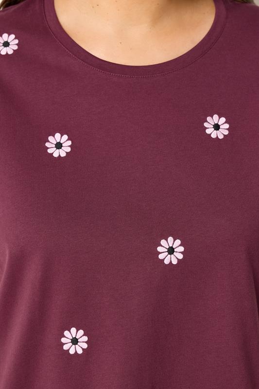 YOURS Plus Size Burgundy Red Embroidered Daisy T-Shirt | yours Clothing 4