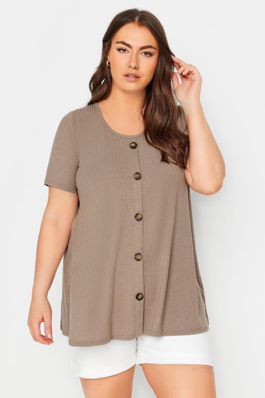 YOURS Plus Size Mocha Brown Button Front Ribbed Swing Top | Yours Clothing 1