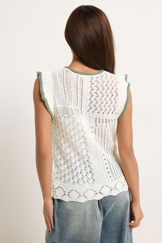 PixieGirl Petite Women's Ivory White & Sage Green Crochet Vest Top | PixieGirl 2