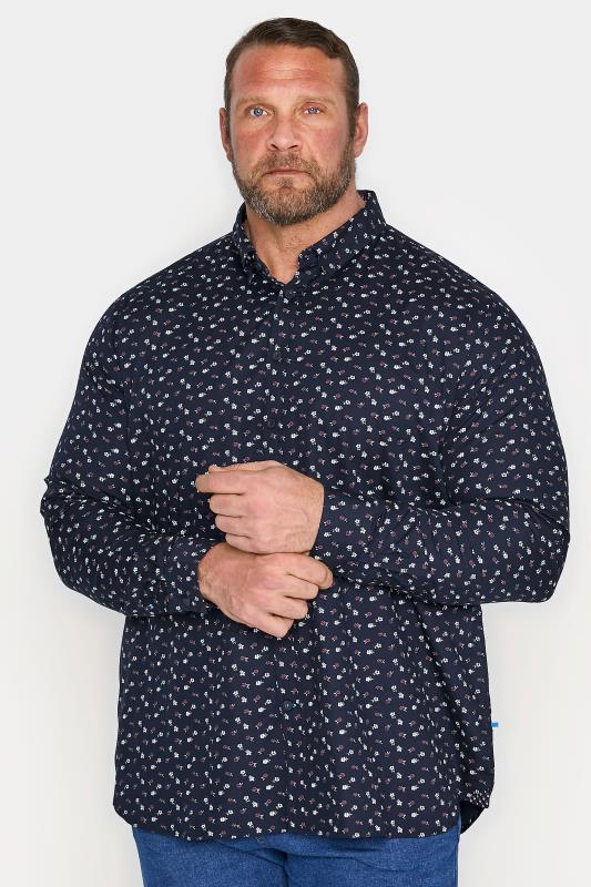 Plus Size  D555 Navy Floral Print Cotton Shirt