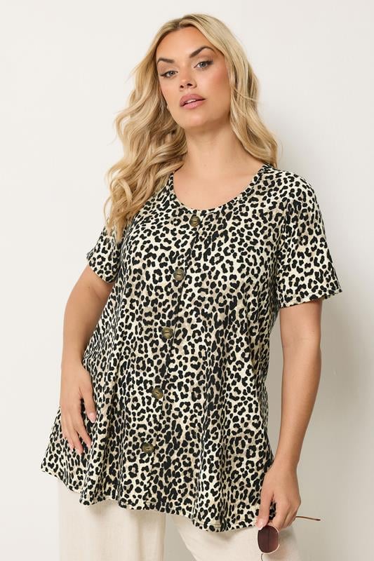  YOURS camiseta marrón con estampado de leopardo acanalada con vuelo 
