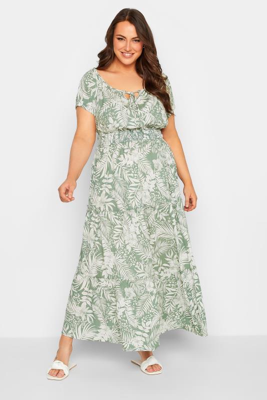 YOURS Plus Size Green Floral Print Bardot Maxi Dress |  1