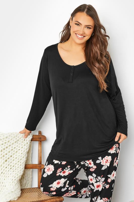 Curve Plus Size Black & Pink Floral Soft Touch Pyjama Set | Yours Clothing 4