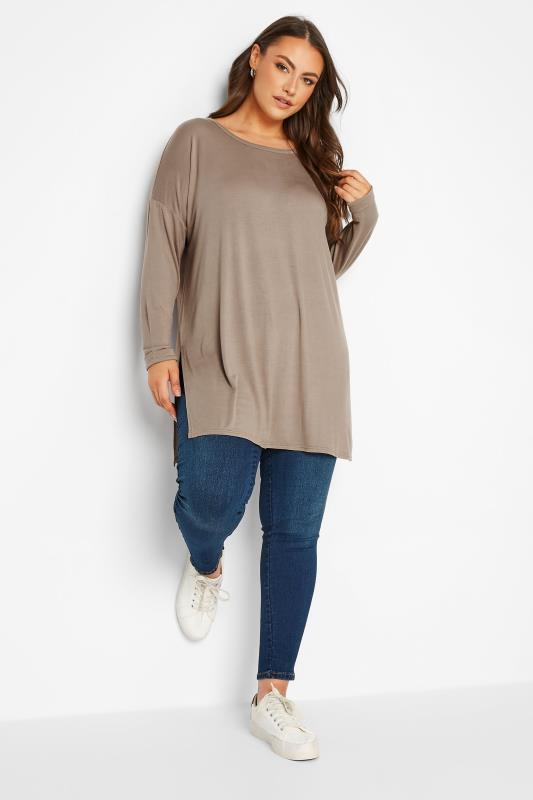 Plus Size Brown Long Sleeve Oversized T-Shirt | Yours Clothing 2