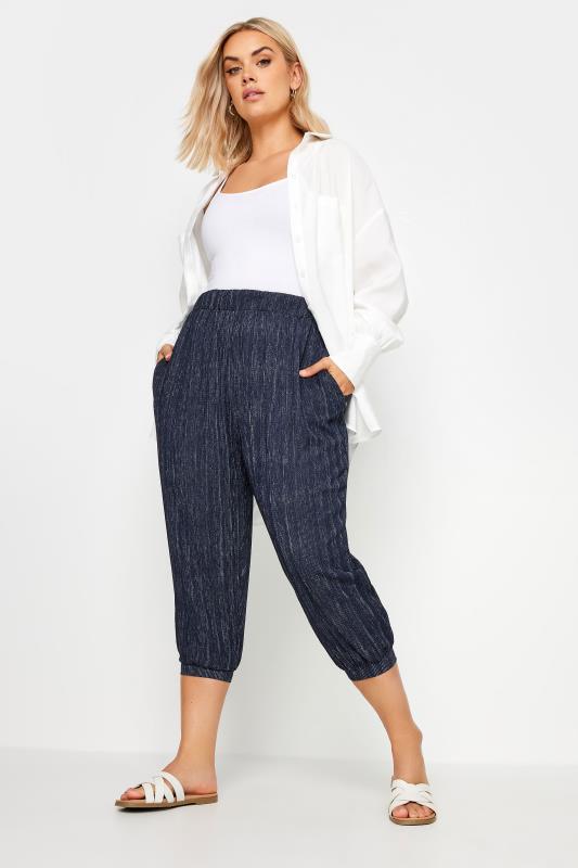 YOURS Plus Size Navy Blue Textured Cropped Harem Trousers | Yours Clothing 2