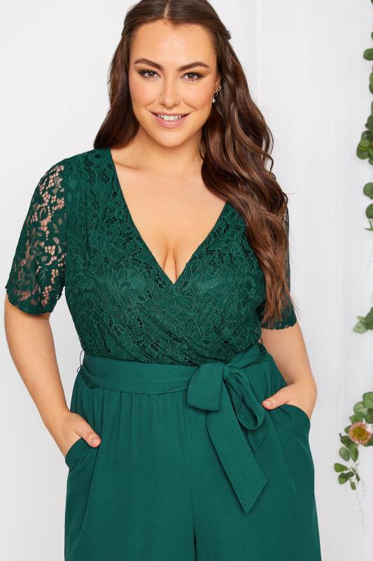 YOURS LONDON Plus Size Green Lace Wrap Jumpsuit | Yours Clothing 4