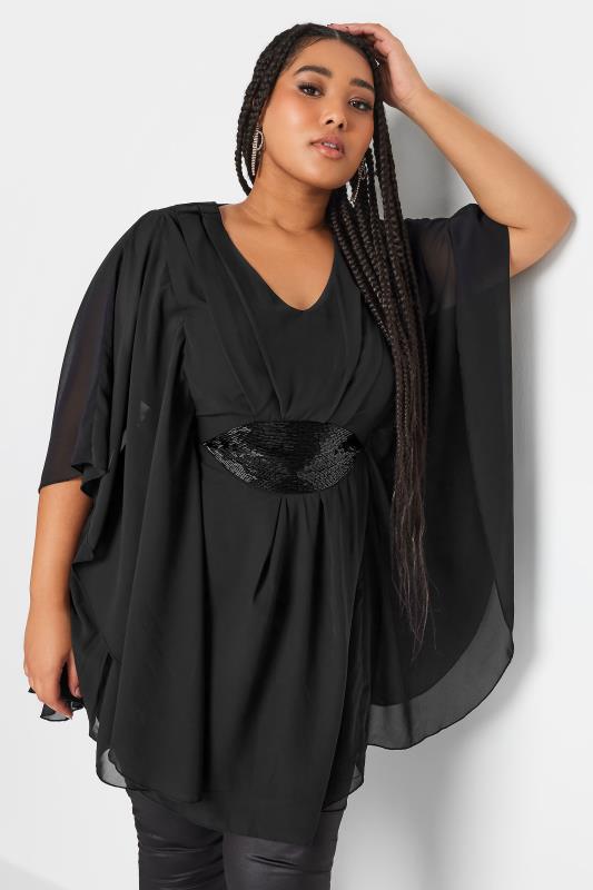 LUXE Plus Size Black Hand Embellished Waist Cape Top | Yours Clothing 1
