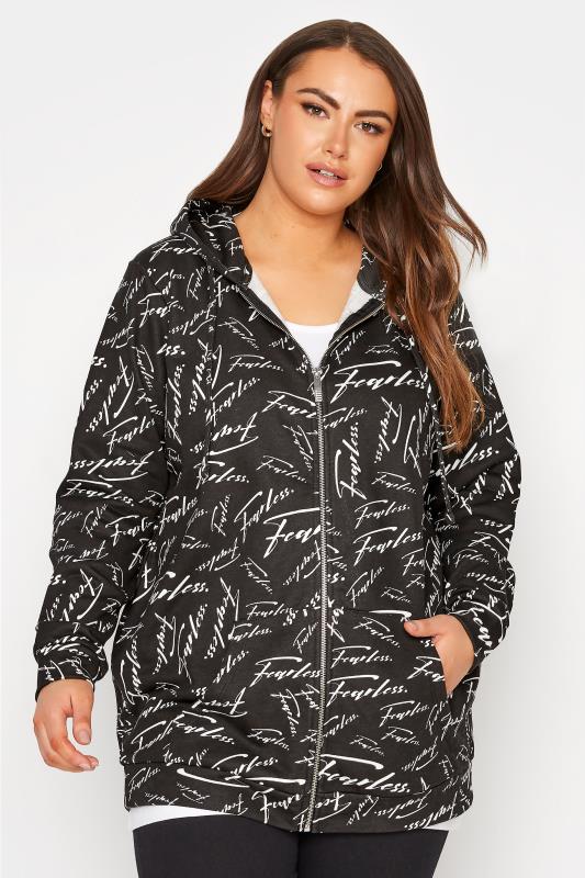 Plus Size Black 'Fearless' Zip Through Hoodie | Yours Clothing 1