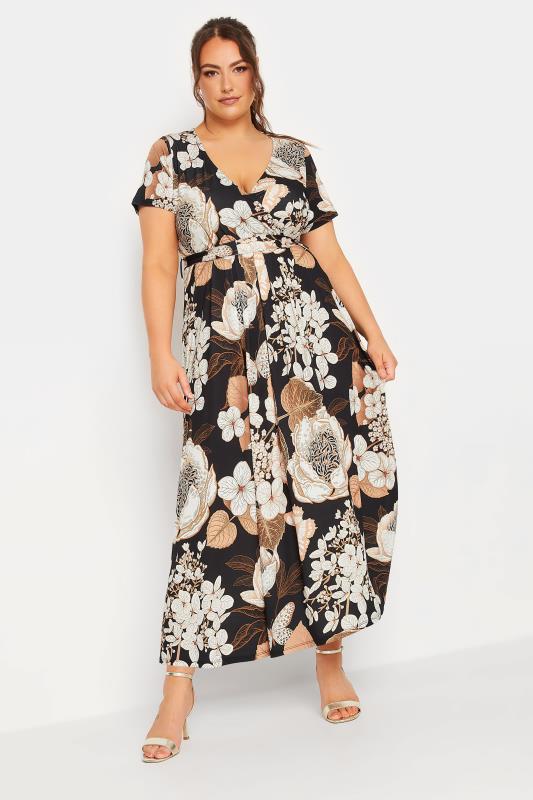 YOURS Curve Black Neutral Floral Print Wrap Front Midaxi Dress | Yours Clothing 1