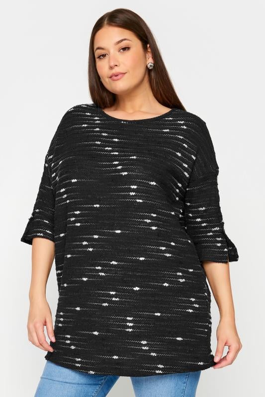 YOURS Plus Size Black Textured Button Sleeve Top | Yours Clothing  1