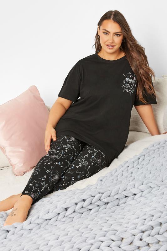 Curve Black 'Need My Space' Galaxy Print Pyjama Set | Yours Clothing 1