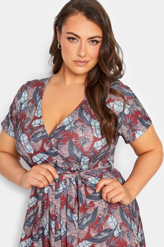 YOURS Curve Plus Size Red Leaf Print Maxi Wrap Dress | Yours Clothing  4