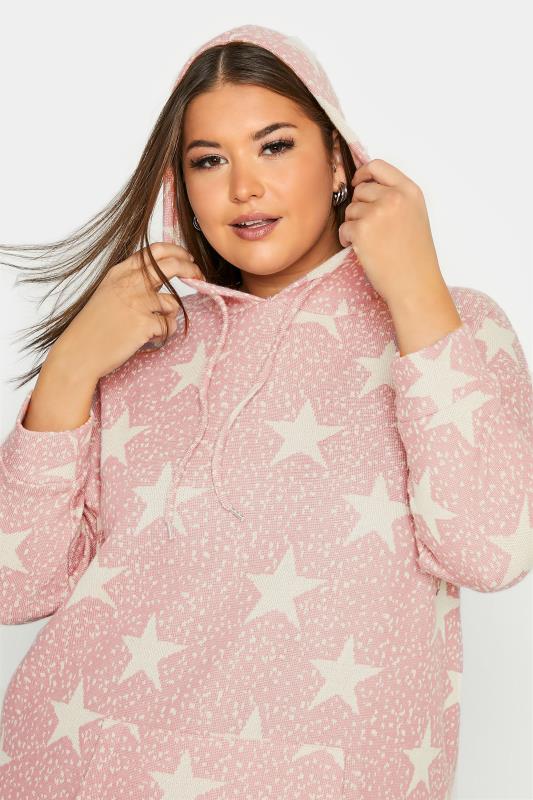 Curve Pink Star Print Knitted Hoodie_D.jpg