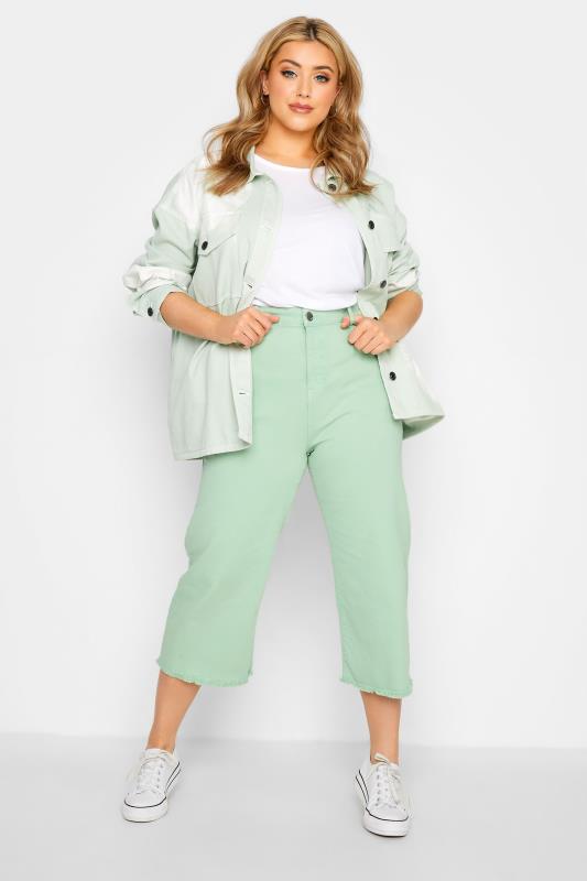 Plus Size Sage Green Stretch Wide Leg Cropped Jeans | Yours Clothing 1
