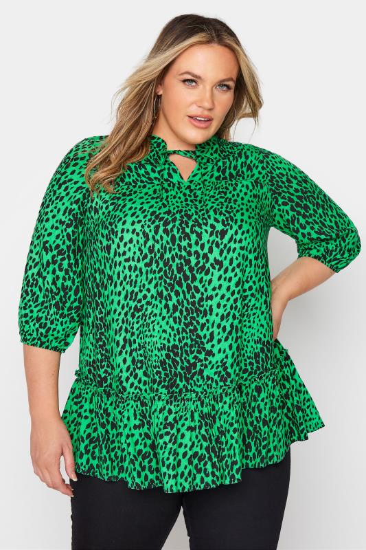 Curve Green Leopard Print Tie Neck Peplum Blouse 1
