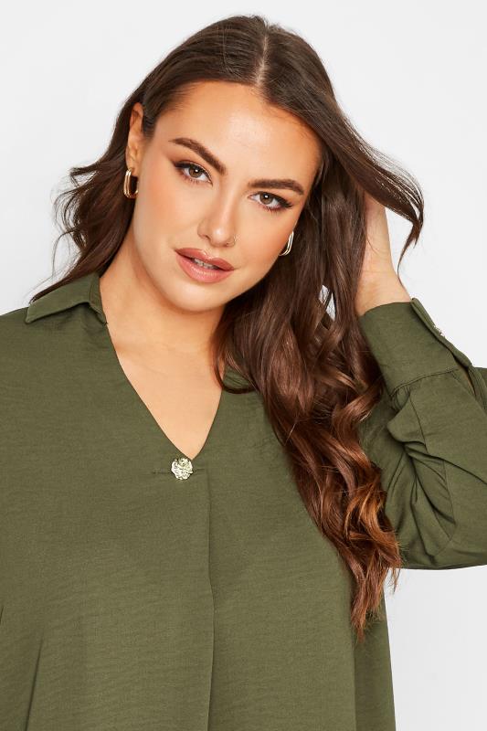 YOURS LONDON Plus Size Womens Curve Khaki Green Button Blouse | Yours Clothing 4