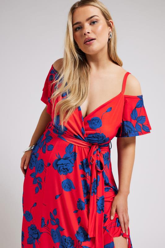 YOURS LONDON Plus Size Red & Blue Floral Bardot Maxi Dress | Yours Clothing 4