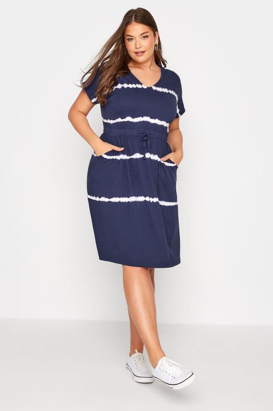 Plus Size Navy Blue Tie Dye Cotton T-Shirt Dress | Yours Clothing 2