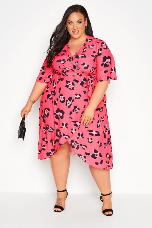 YOURS LONDON Plus Size Bright Pink Leopard Print Midi Wrap Dress | Yours Clothing 1