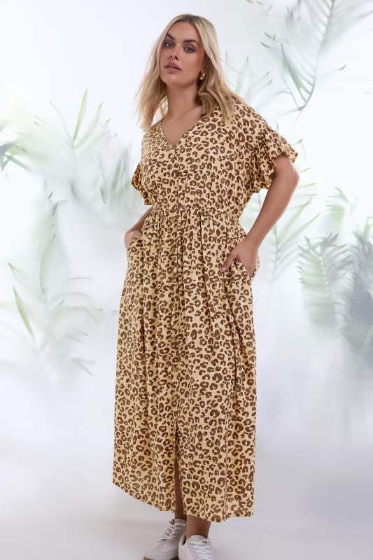YOURS Plus Size Brown Leopard Print Linen Maxi Dress | Yours Clothing 1