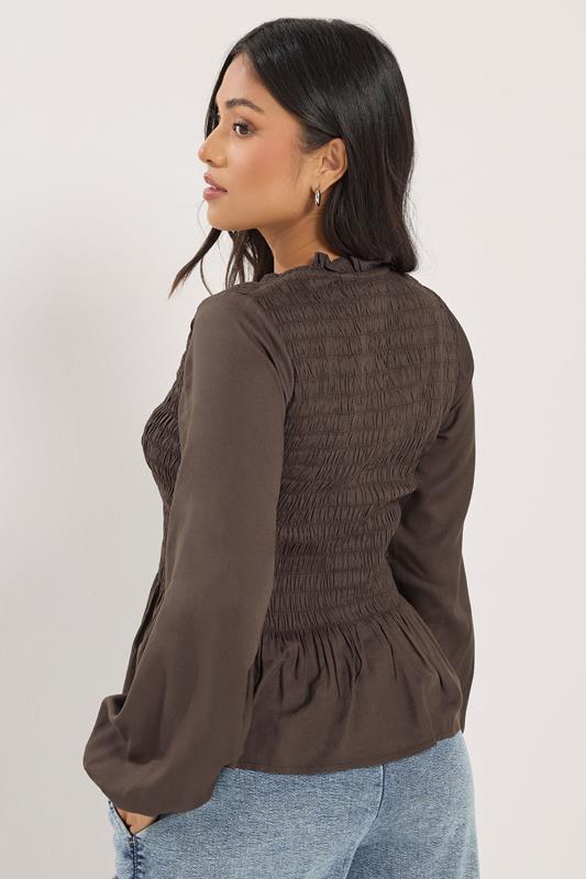 PixieGirl Petite Women's Chocolate Brown Shirred Long Sleeve Shirt | PixieGirl 2