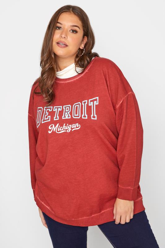Plus Size  Curve Rust Orange Acid Wash 'Detroit' Slogan Sweatshirt
