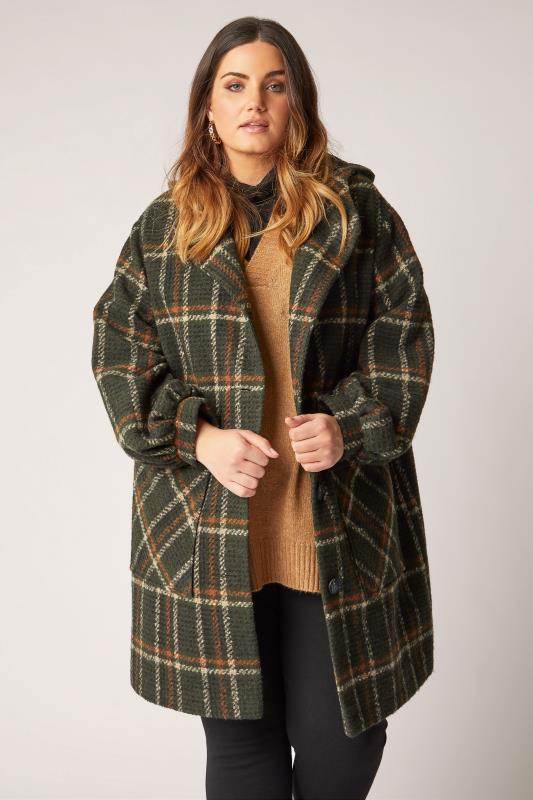 LIMITED COLLECTION Plus Size Khaki Green Check Balloon Sleeve Coat | Yours Clothing  2