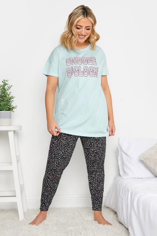 YOURS Curve Light Blue 'Snooze O'Clock' Dalmatian Print Pyjama Set | Yours Clothing  1