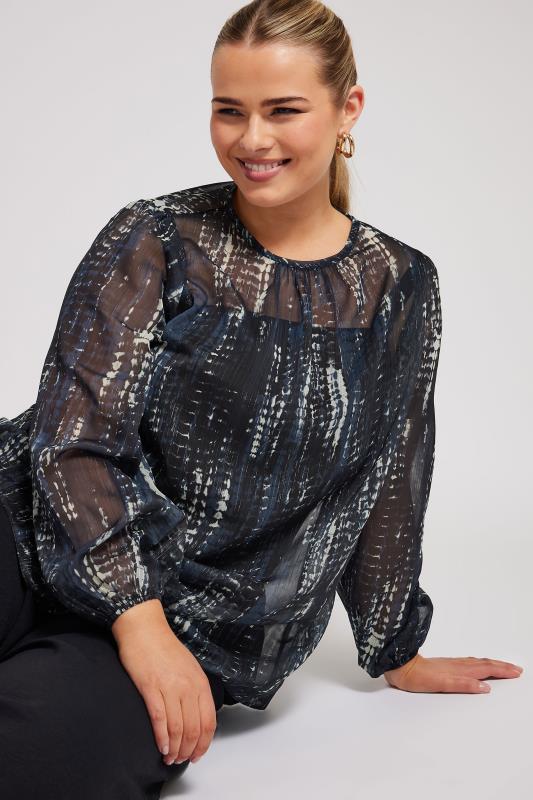 YOURS LONDON Curve Navy Blue Snake Print Metallic Stripe Chiffon Blouse | Yours Clothing  5