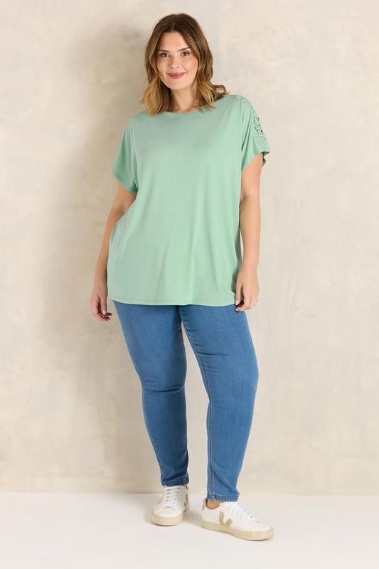 EVANS Plus Size Sage Green Crochet Shoulder Modal T-Shirt | Evans  1