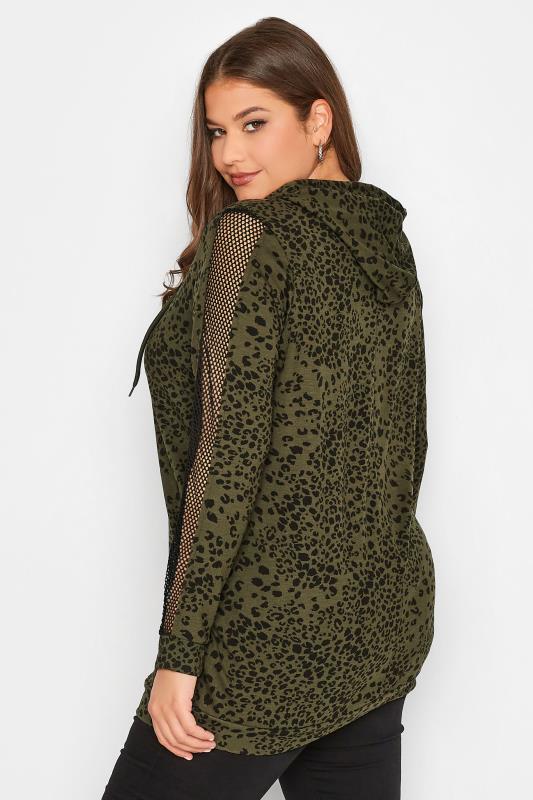 Curve Green Leopard Print Fishnet Sleeve Hoodie | Yours Clothing 3
