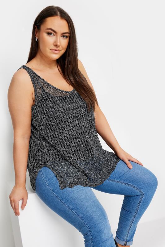 YOURS Plus Size Black & Silver Metallic Crochet Vest Top | Yours Clothing 2