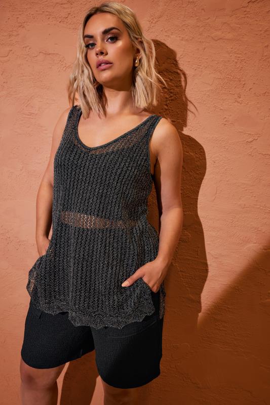 YOURS Plus Size Black & Silver Metallic Crochet Vest Top | Yours Clothing 1