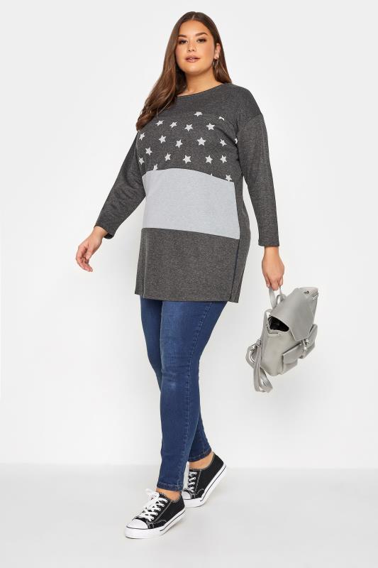 Plus Size Grey Colour Block Star Print Top | Yours Clothing 2